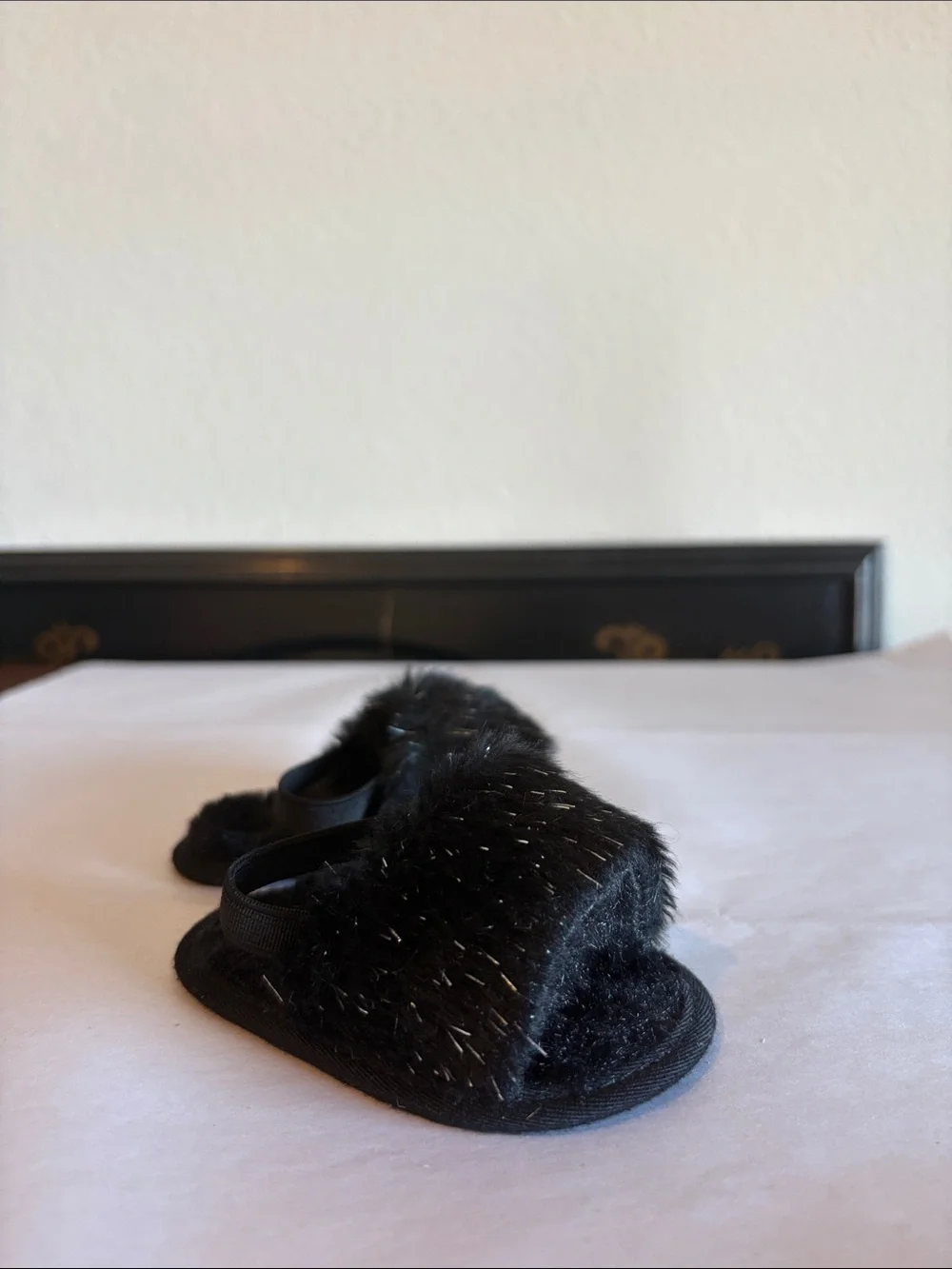 Black faux fur with silver tinsel newborn shoes